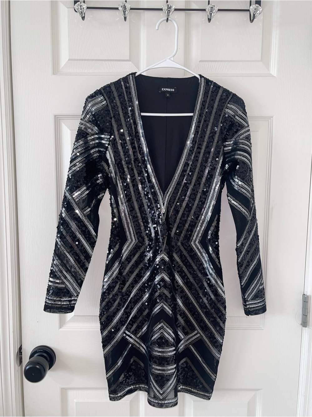 Express Black & Silver Sequin Long Sleeve V-Neck Dress